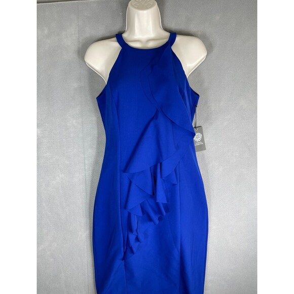 Vince Camuto Dresses & Skirts - Vince Camuto Women's Size 4 Halter Neck Laguna Crepe Body Con Dress Blue Ruffle